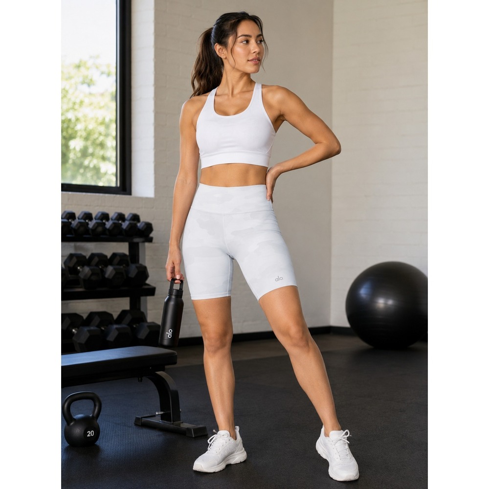 Alo Yoga High-Waist Vapor Biker Shorts White Gray Camo Print Medium Gym Athletic - Picture 1 of 15